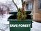 End of Christmas. Used and abandoned cutted fir tree in garbage bin waits for collection by by garbage truck