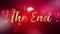 The End cinematic trailer title. The end golden text with beautiful heart and balloon flying and flare light leak effect.