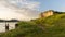 End of the day on the banks of the Rhone with a view of the cliffs of Donzere, France