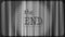 The end of film. Black noir screen with curtains and typography The End. Vintage retro scene with lettering like in old time