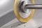End mill cutting aluminium billet. Circular milling machine make hole in metal profile