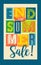 End of summer sale banner. colorful letter collage typography with beach and sun