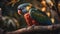 Endangered macaw perching on vibrant rainforest branch generated by AI