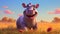Endearing Illustration of a Cute Hippo Amidst the Scenic Savannah Landscape, Captivating Children