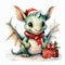 endearing illustration of a lovable little dragon wearing a Christmas hat and holding a gift box. Ai generated