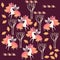 Endless animal pattern. Fairy winged unicorns with manes and tails in shape of autumn leaves and crown in form of lily flowers