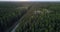 Endless dark coniferous forest landscape with road in dusk