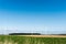 Endless farm fields with green and yellow crops and wind farm turbines under a blue sky