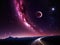 Endless galactic highway between two colossal planets with purple nebula