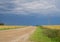 Endless grain fields. Country landscape. Country road in the middle of fields.A thunderstorm is approaching