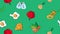 Endless green seamless pattern of delicious food and snack items icons set for restaurant bar cafe: eggs, nuts, pepper and salt,