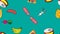 Endless green seamless pattern from a set of icons of delicious food and snacks items for a restaurant bar cafe: sausage, bananas