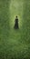 Endless Lawn: A Neo-victorian Painting Of A Woman Walking Through Green Grass