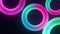 Endless loop of circle shaped neon lights in pink green and blue color. 4K 3D seamless loop animation abstract retro composition.