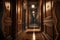 Endless old antique wood corridor with lamps, Generative AI