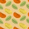 Endless pattern of abstract images of lemon zest, orange slice and green leaf with abstract spots