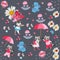 Endless pattern for baby with cute cartoon little raccoons and kitty with umbrellas, butterflies, pink hearts and flowers