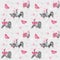 Endless pattern in retro style with funny cockerels and chickens decorated with bows and flowers. Print for fabric