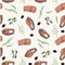 Endless pattern of salmon pieces and dill basil olives seasoning. Seafood illustration