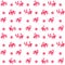 Endless pattern with tiny red cockerels in folk style and flowers on a white background. Print for fabric, wallpaper, packaging