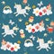 Endless pattern witn cute unicorns frolicking in the sky. Clouds, rainbow, birds, butterflies, castle, trees and rose flowers