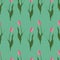 Endless pink Tulip vector pattern. Spring meadow. Plant on a green background.