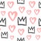 Endless print with crowns and hearts painted with rough brush. Stylish seamless pattern for girls. Grunge, sketch, watercolour.