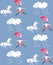Endless print for fabric or wallpaper. Funny ballerina with umbrella, grey cartoon horse and clouds in blue sky. Vector design