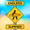 Endless summer yellow road sign on blurred beach