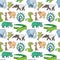 Endless texture with cute funny animals living in Africa. Seamless pattern with crocodile, hippo and elephant for kid design