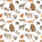 Endless texture with cute funny animals living in north forest. Seamless pattern with bear, fox and wolf for kid design