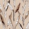 Endless vector illustration. Botanical pattern with large variegated contrasting leaves on a light gray-brown background.