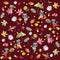 Endless vector pattern with cute cartoon raccoons, flowers, raspberries, mushrooms, leaves and apples.