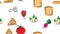 Endless white seamless pattern from a set of icons of delicious food and snacks items for a restaurant bar cafe: pizza, meat, ham