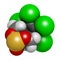 Endosulfan insecticide molecule. Banned in many countries due to toxicity. 3D rendering. Atoms are represented as spheres with