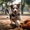 Energetic baby Australian Shepherd running with its jaws, playing in a park