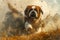 Energetic Bulldog Running with Speed Through Sunlit Field, Dirt Flying Around, Dynamic and Lively Animal Activity Captured in