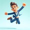 Energetic businessman jumps in 3D cartoon animation, vibrant colors, exaggerated features, detailed shading animated