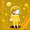 Energetic and cute astronaut girl in a yellow spacesuit, captured in sticker design, surrounded by a vibrant galaxy