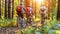 Energetic cyclists riding through dense forest with sunlight filtering amidst tree trunks