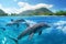 Energetic dolphins dance above ocean waves, showcasing Hawaii\\\'s marine splendor
