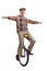 Energetic elderly man riding a unicycle