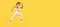 energetic fitness woman runner running on yellow background. Woman jumping running banner with mock up copyspace.