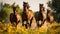 Energetic Gallop: Majestic Horses Amidst Wildflowers