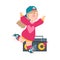 Energetic Girl in Baseball Cap Dancing and Moving to Music Vector Illustration