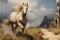 Energetic horse galloping across an open field on a cloudy day, AI-generated.
