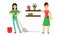 Energetic Housewife Mopping the Floor and Dusting Shelves Vector Illustration Set