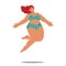 Energetic, And Joyful, A Plump Woman Jumps In Her Swimsuit, Embracing Body Positivity And Radiating A Carefree Spirit