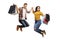 Energetic male and female teenagers jumping with shopping bags