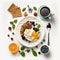 Energetic, varied and healthy breakfast on white background. Ai generated art